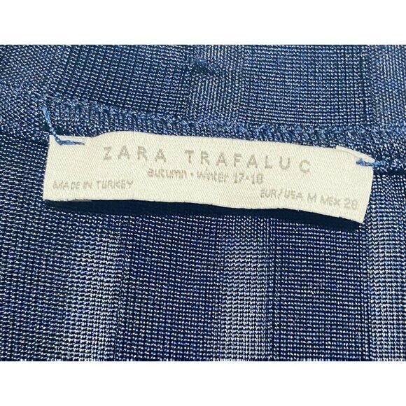 Zara Top Womens Medium Blue Ribbed Crew Neck Short Sleeve Shiny Boho - Picture 4 of 6